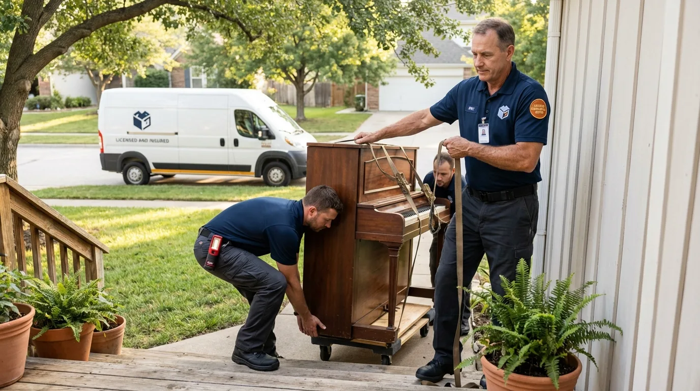 Licensed piano movers securing grand piano in Kendall Park, NJ