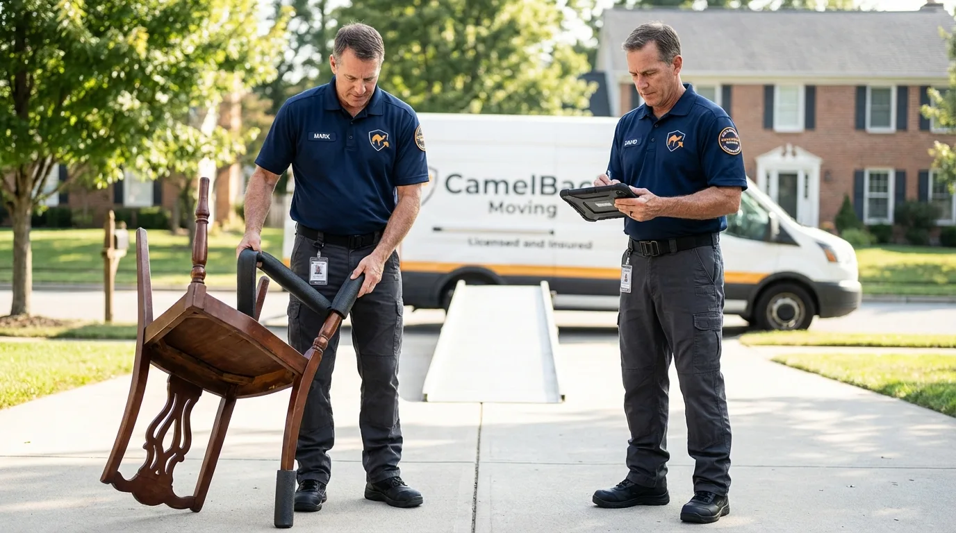 Movers inspecting furniture for damage prevention before loading in Kendall Park, NJ