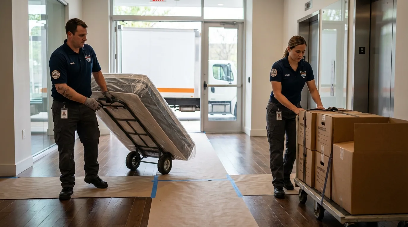 Professional apartment movers loading elevator in Kendall Park, NJ
