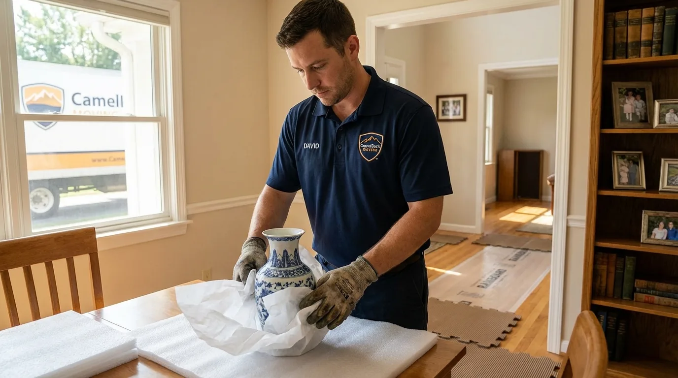 Professional crew carefully wrapping antique vase for senior downsizing move in Kendall Park, NJ
