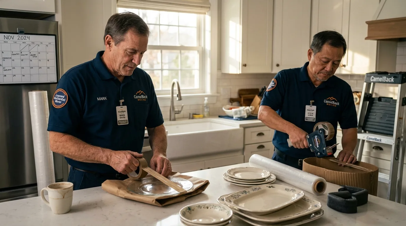Professional crew packing kitchen dishware in Kendall Park, NJ